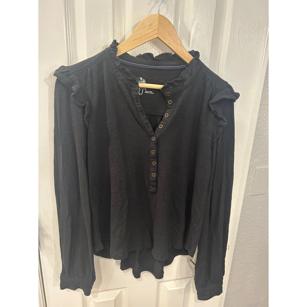 Pilcro Henley‎ Top Black Ruffle Shoulder Long Sleeve Cotton Modal Blouse XS